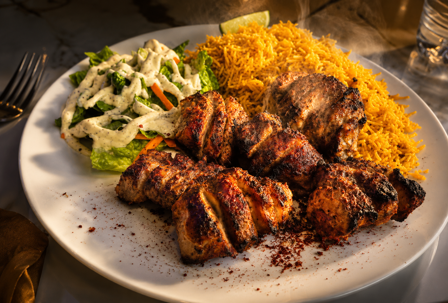 Charcoal-grilled lamb tikka kebab with seasoned rice and fresh salad