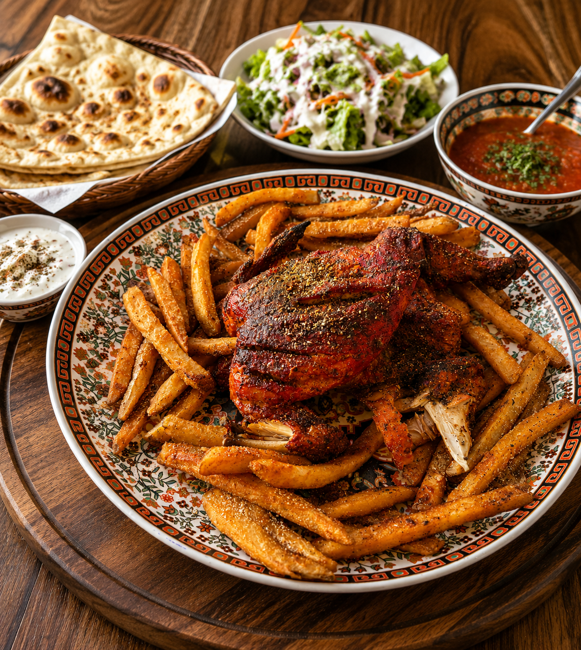 Whole charcoal chicken feast with fries, naan, salad and house sauces